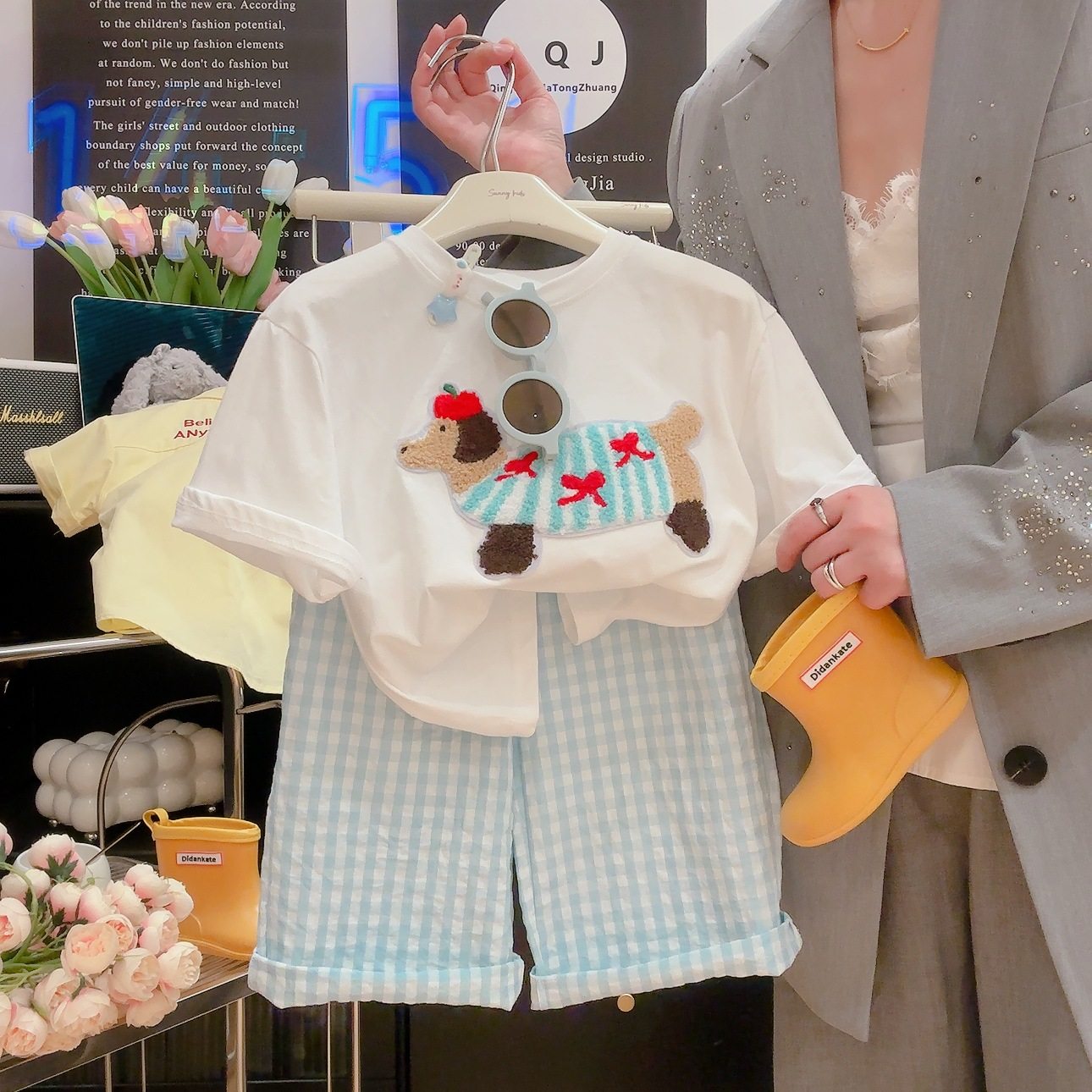 短袖t恤腊肠狗格子裤套装夏季休闲美式印花2025夏季新款两件套,童装/婴儿装/亲子装,儿童运动套装,淘宝优惠券,粉丝福利购,淘宝优惠卷