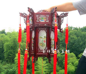 山水画吊灯中式木雕实木六角仿古宫灯木质中式宫庭大红灯笼