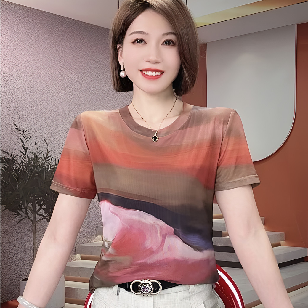 时尚纱网圆领内搭上衣2024新款晕染印花气质减龄打底衫短袖T恤女