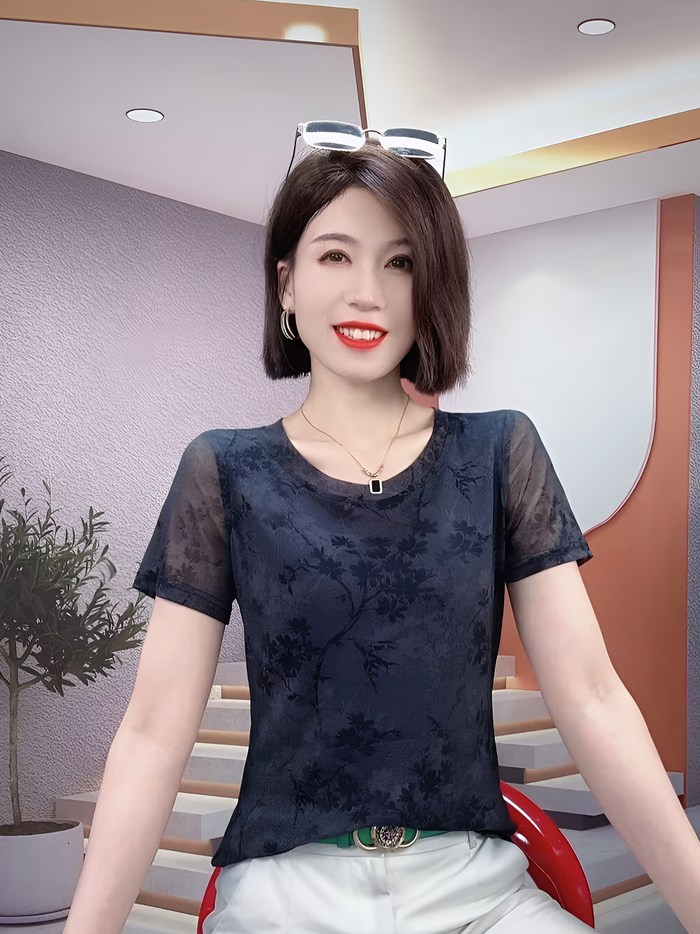 高档网纱上衣圆领短袖T恤女2024夏季修身显瘦纯色打底衫半袖小衫