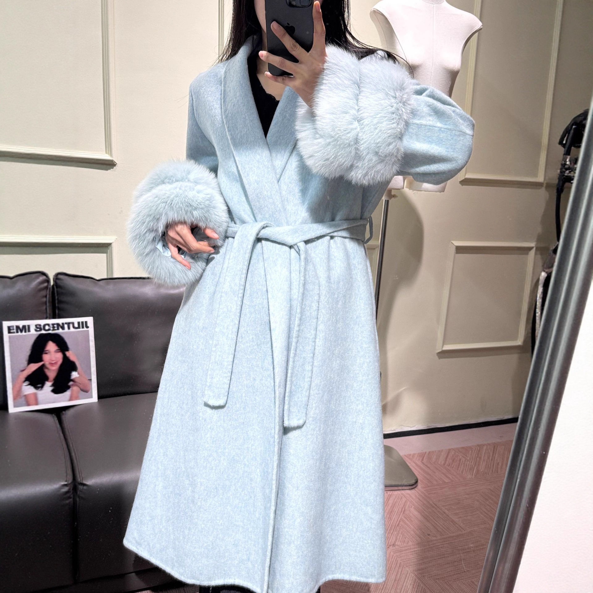 千金风狐狸毛袖双面羊毛绒大衣