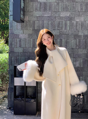 冬季千金风白色狐狸毛袖口双面呢大衣女冬温柔气质皮草外套中长款