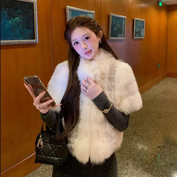 网红同款白色狐狸毛立领马甲女图片