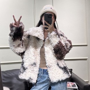 冬季日系羊羔毛绒加厚保暖外套环保毛奶牛花仿托卡皮毛一体皮草女