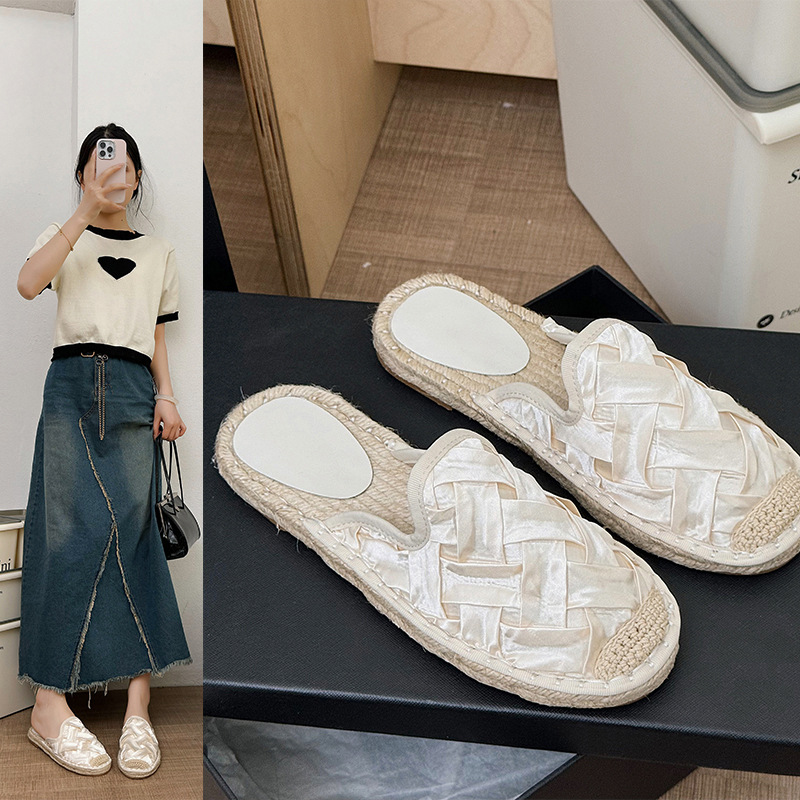 休闲刺绣渔夫鞋女2023夏新款包头花朵一脚蹬半拖鞋外穿平底拖鞋