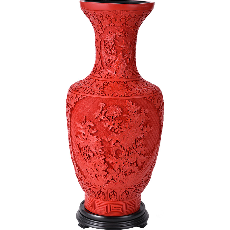 大号扬州漆器厂花瓶摆件剔红雕漆工艺礼品中式客厅家居插花装饰i.
