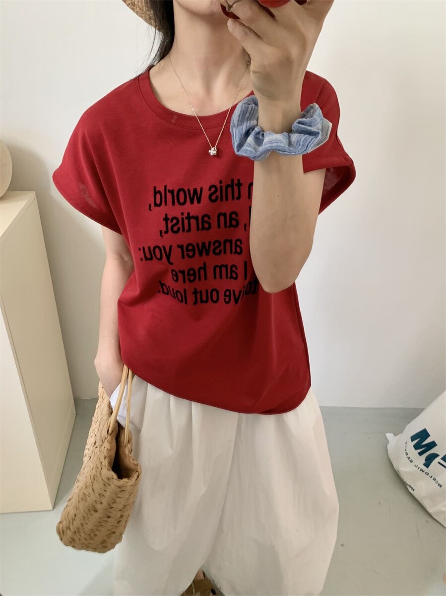 红色宽松显瘦均码T恤女士洋气短袖上衣女款