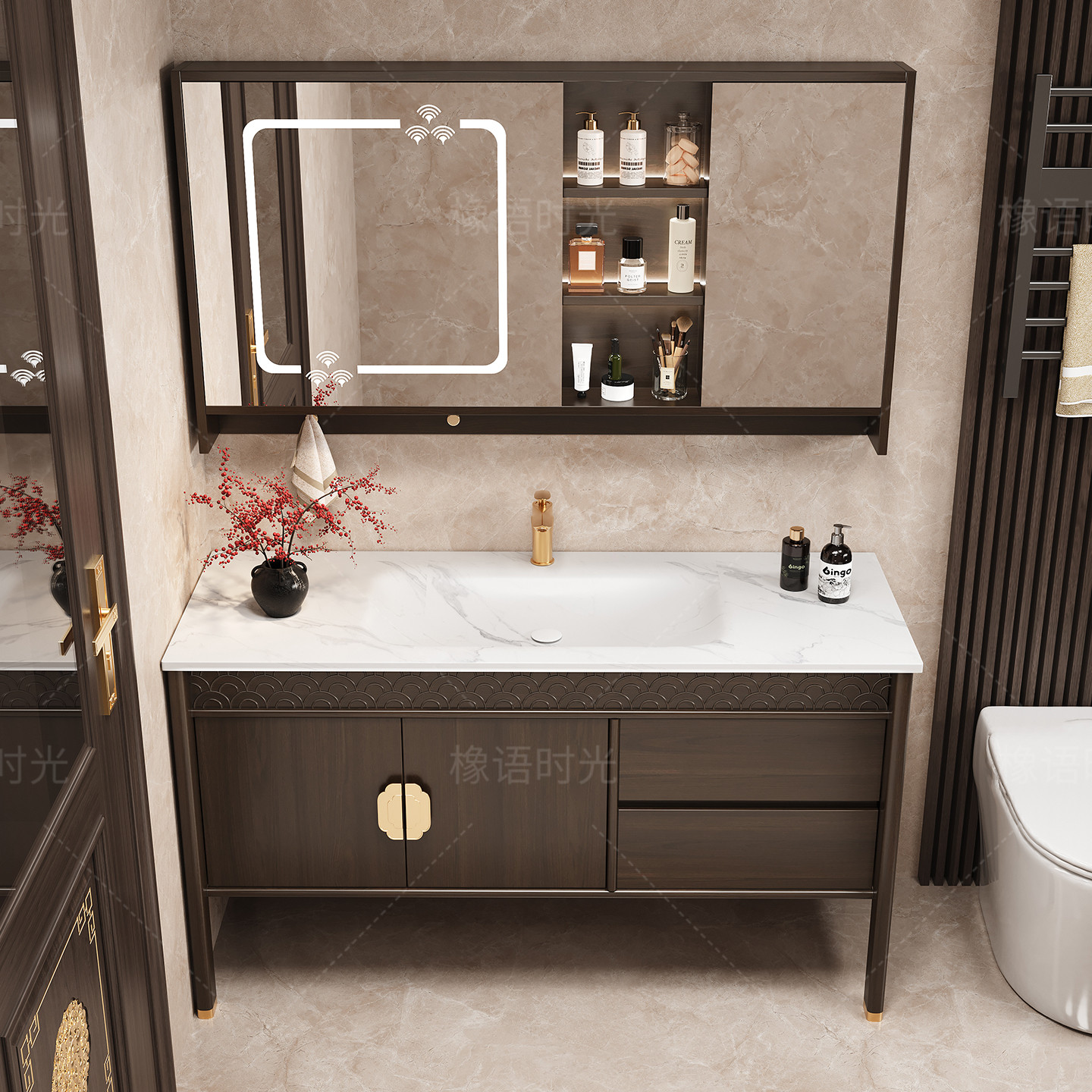 新中式乌金木橡木浴室柜组合洗手洗脸洗漱落地式陶瓷岩板一体盆柜,家装主材,浴室柜组合,淘宝优惠券,粉丝福利购,淘宝优惠卷