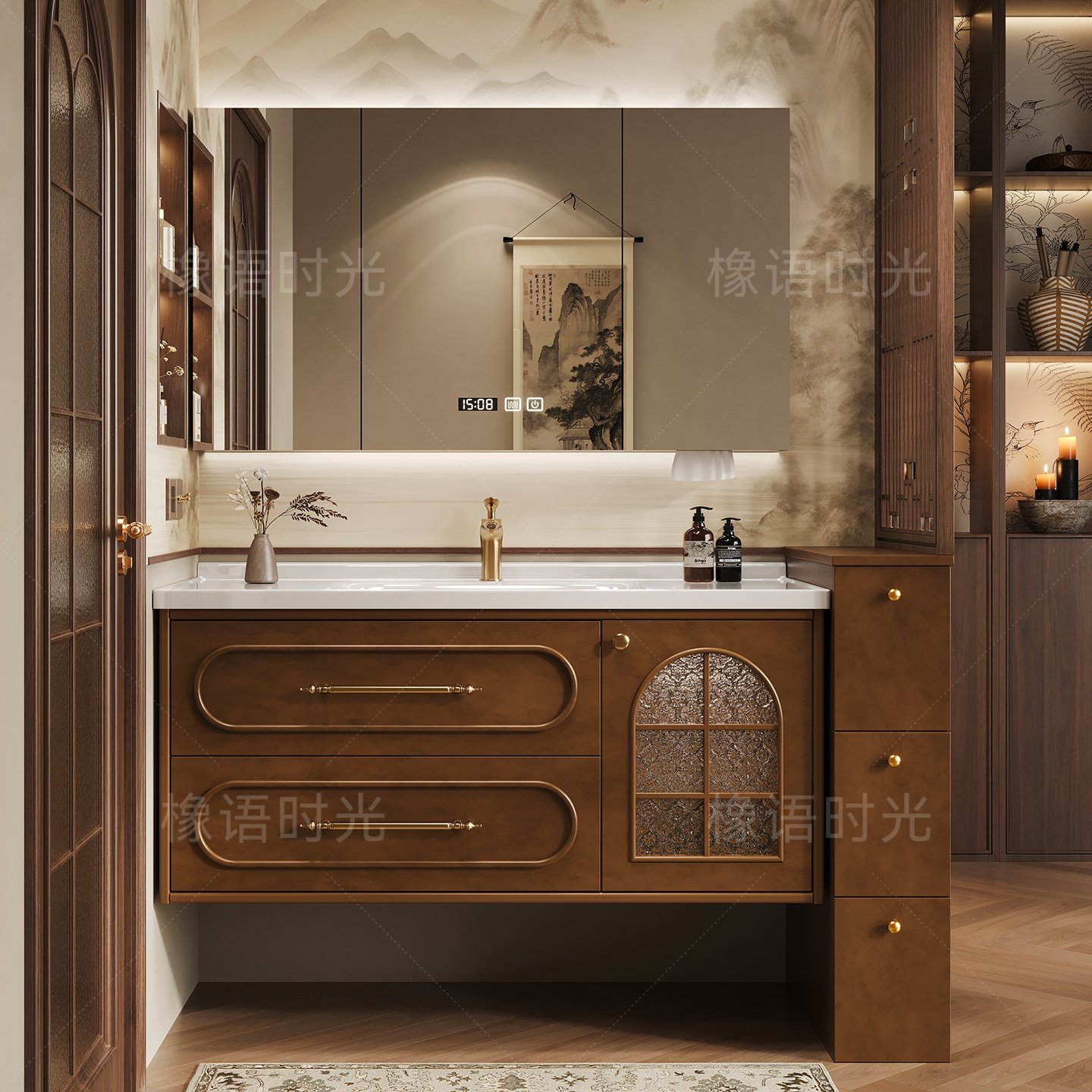 法式复古浴室柜组合陶瓷一体盆胡桃色橡木洗手洗脸定制智能洗漱台,家装主材,浴室柜组合,淘宝优惠券,粉丝福利购,淘宝优惠卷