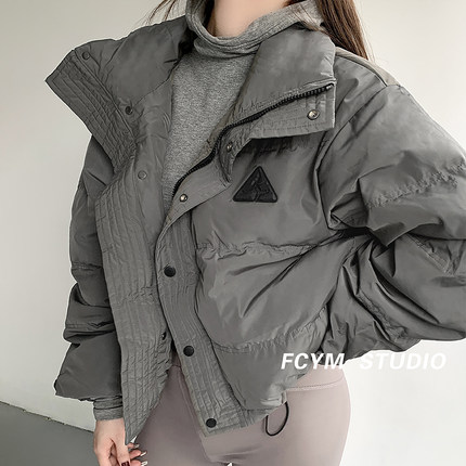 风车与矛 欧美风立领短款羽绒服女冬季加厚保暖白鸭绒面包服外套