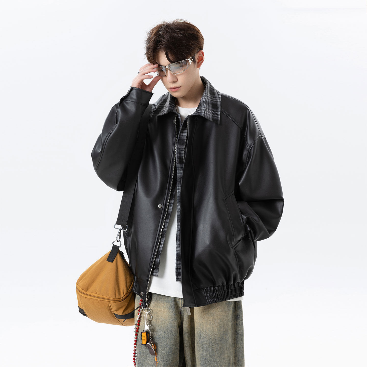 502-2-JK032-P128美式复古假两件格纹夹克男宽松拼接翻领控168，男装皮衣，星座502-2（原1014A）