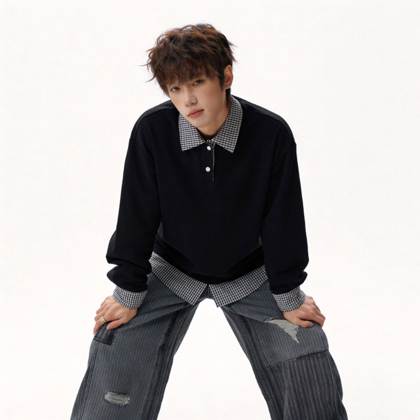 现货502-2-WY109-P48春款格纹假两件长袖卫衣，男装卫衣，星座502-2（原1014A）