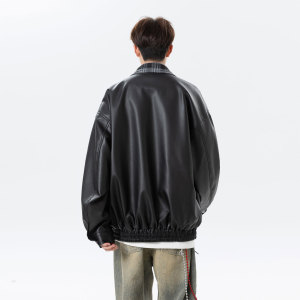 502-2-JK032-P128美式PU假两件格纹夹克男宽松拼接翻领外套图片
