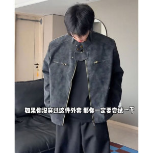 502-2-JK036=P95秋季扎染正肩机车PU皮衣大码立领夹克外套男图片