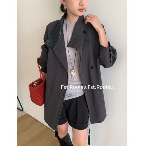 FST立领深灰撞色显瘦女风衣