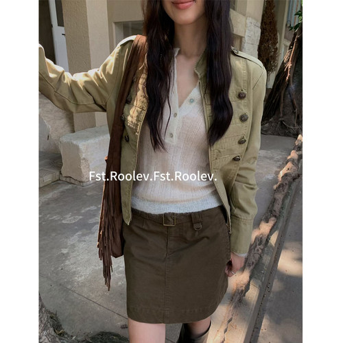 FST拿破仑立领排扣短外套女秋