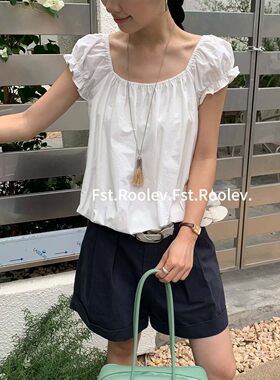 FST夏季韩系甜美格子泡泡袖衬衫