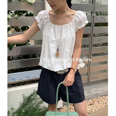 FST夏季韩系甜美格子泡泡袖衬衫