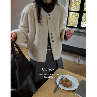 Candy糖果短款毛绒大衣女2026秋冬水貂绒外套圆领小个子毛绒上衣