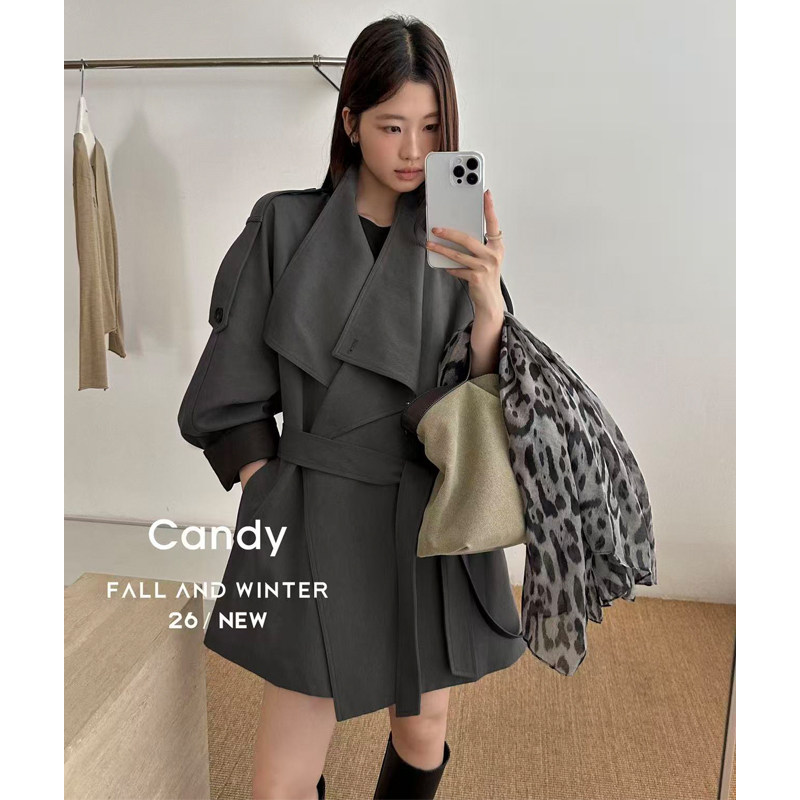 Candy糖果韩系收腰系带风衣女秋高级感百搭小个子大衣外套配丝巾