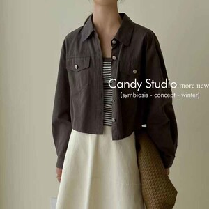 糖果Candy牛仔短外套女早秋2023新款翻领夹克+条纹针织背心两件套