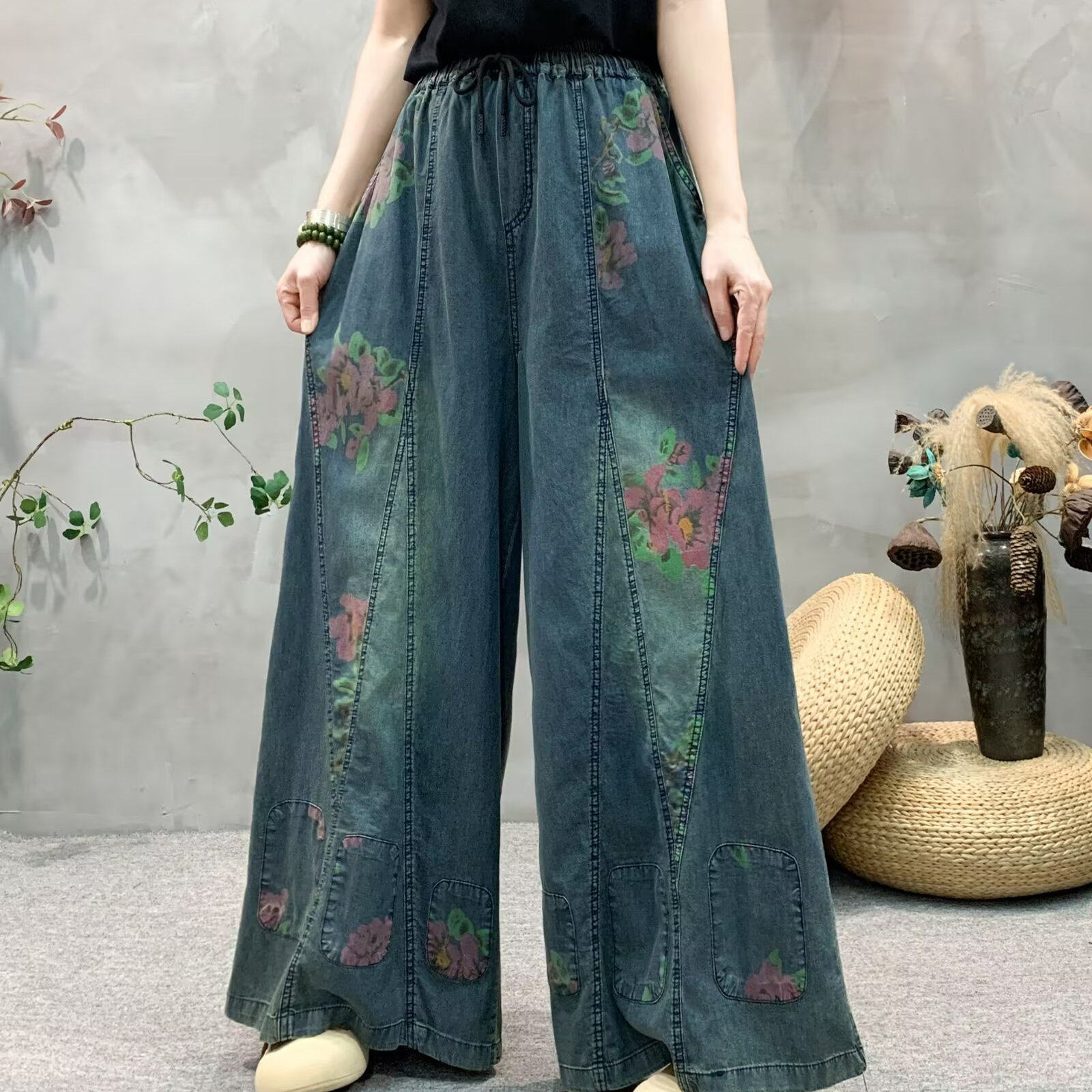 夏季新款民族风印花薄款牛仔裤拼接休闲复古宽松大码女阔腿长裤