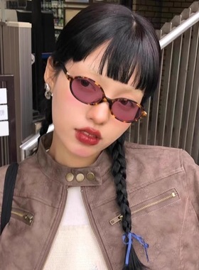 美式复古玳瑁粉紫色墨镜女美拉德复古小框欧美风书呆子椭圆太阳镜