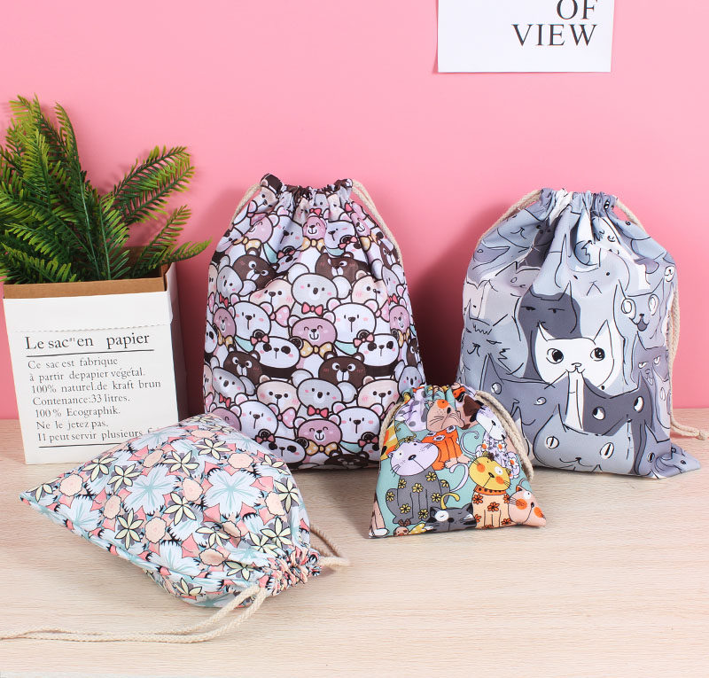 可爱卡通抽绳束口袋学生布袋子零钱包化妆品收纳袋旅行衣物整理袋