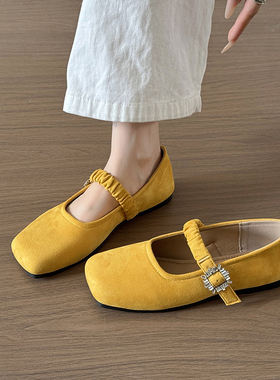 2025新款春夏复古黄色芭蕾舞配裙子方头绒面单鞋软底防滑豆豆鞋女