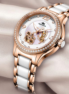 尼诺里拉时尚潮流镂空机械表陶瓷女表腕表女士钢带21053