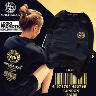 包邮秋冬原宿港风潮牌烫金印花长袖卫衣加绒韩版班服男女情侣上衣