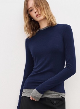 春季小圆领慵懒打底衫内搭上衣含羊毛长袖T恤女拼接假两件 24303