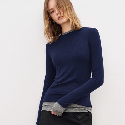 春季小圆领慵懒打底衫内搭上衣含羊毛长袖T恤女拼接假两件 24303