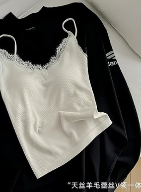 春季蕾丝毛圈一体吊带背心保暖天丝羊毛带胸垫中长款内搭女24283