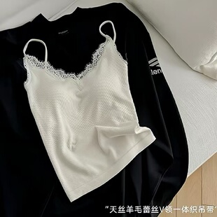 春季蕾丝毛圈一体吊带背心保暖天丝羊毛带胸垫中长款内搭女24283