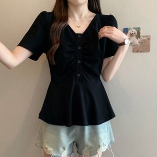 新款 300斤大码 T恤女夏季 V领荷叶边短袖 胖MM显瘦遮肉纯欲上衣 法式