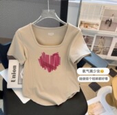 新款 300斤大码 t恤夏季 胖mm方领正肩短袖 设计感独特别致小上衣 女装