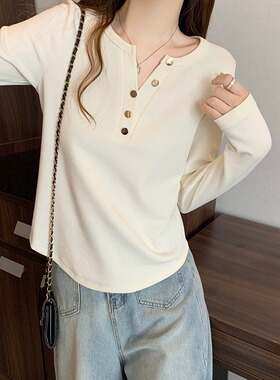 胖MM大码300斤长袖T恤秋季显瘦遮肚显瘦纯色正肩V领上衣弧形下摆