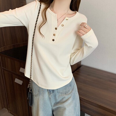 胖MM大码300斤长袖T恤秋季显瘦遮肚显瘦纯色正肩V领上衣弧形下摆