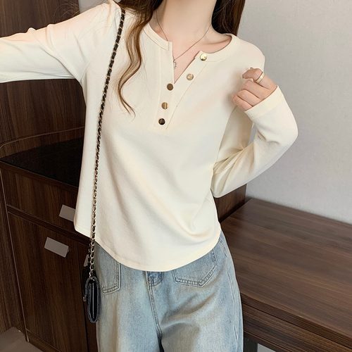 胖MM大码300斤长袖T恤秋季显瘦遮肚显瘦纯色正肩V领上衣弧形下摆