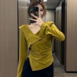 显瘦不规则打底衫 胖mm德绒秋冬喇叭长袖 洋气T恤上衣 女装 300斤大码