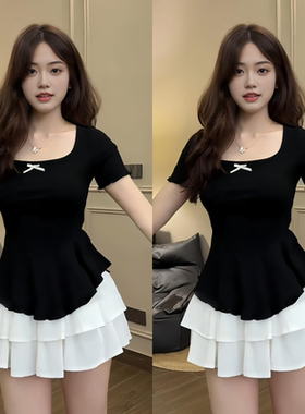 300斤大码女装胖mm收腰遮肚子上衣夏季新款蝴蝶结设计方领短袖T恤