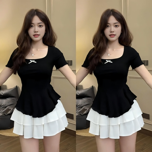 300斤大码女装胖mm收腰遮肚子上衣夏季新款蝴蝶结设计方领短袖T恤