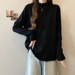 打底衫 遮肚子木耳边半高领长袖 秋冬胖妹妹显瘦上衣2 女装 300斤大码
