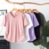 t恤新款 大码 女装 300斤v领短袖 胖mm两侧褶皱遮肚显瘦正肩半袖 上衣2