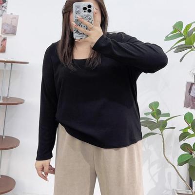 300斤大码女装正肩长袖t恤秋冬新款低领打底衫胖mm显瘦遮肚子上衣
