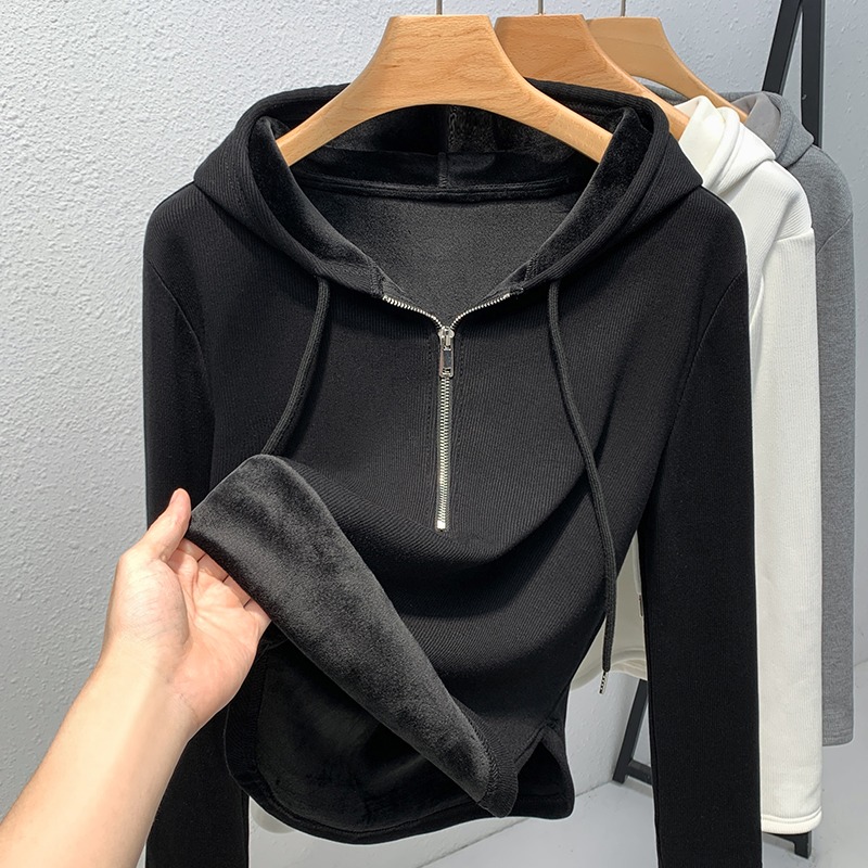 300斤大码女装胖m连帽加绒加厚内搭保暖上衣新款秋冬季外穿打底衫