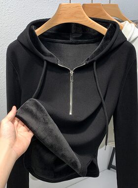 300斤大码女装胖m连帽加绒加厚内搭保暖上衣新款秋冬季外穿打底衫
