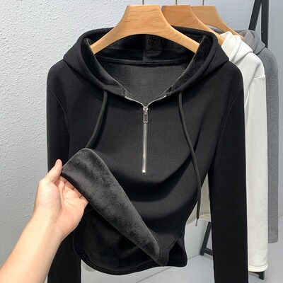 300斤大码女装胖m连帽加绒加厚内搭保暖上衣新款秋冬季外穿打底衫