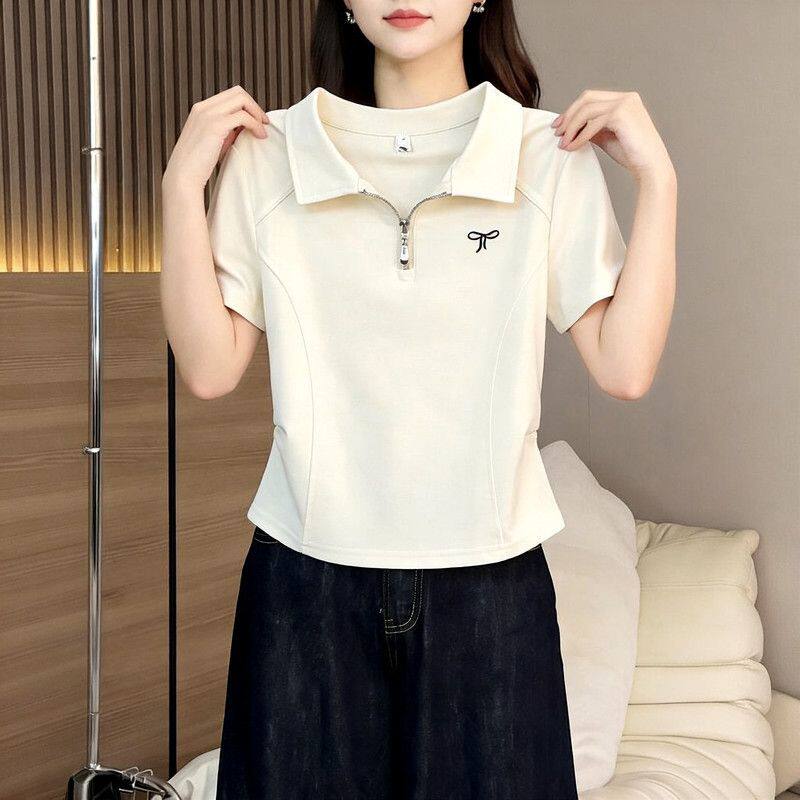 300斤夏季新款大码刺绣翻领拉链POLO衫短袖T恤女显瘦百搭上衣图片